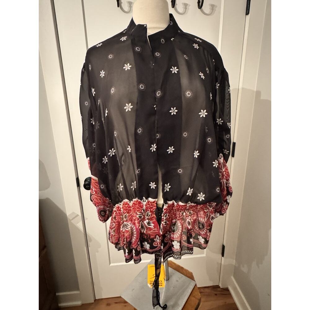Design Loft Sz 2X Black Boho Rockabilly Gauzy Drawstring Blouse Black Red Artsy